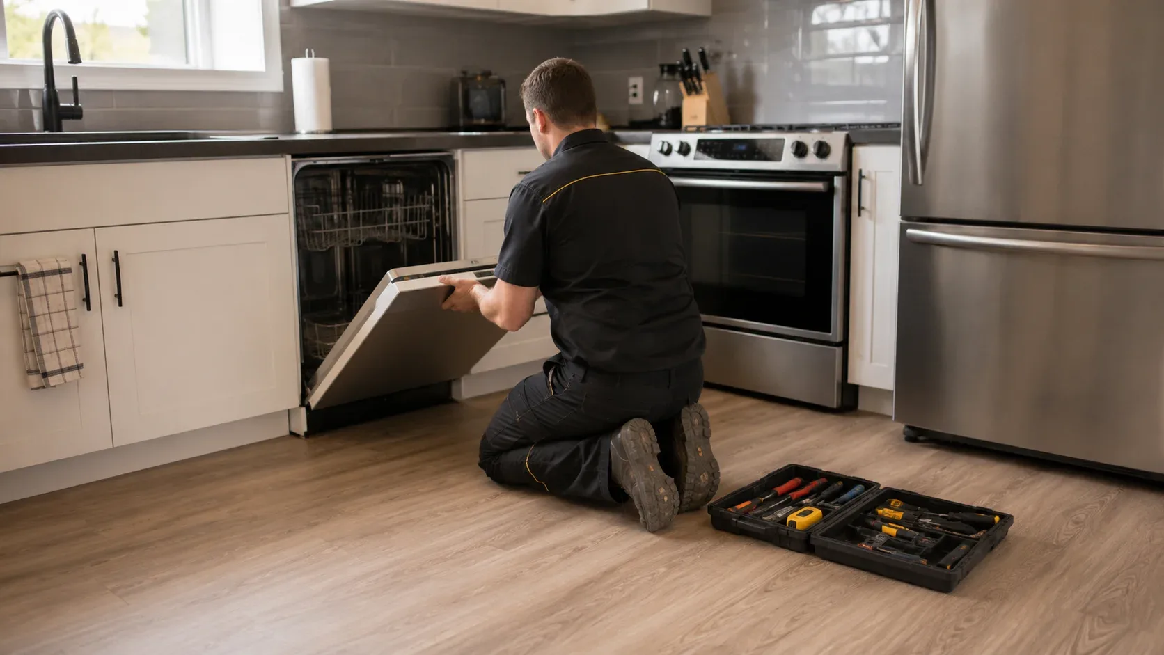 Appliance repair technician finishing a job